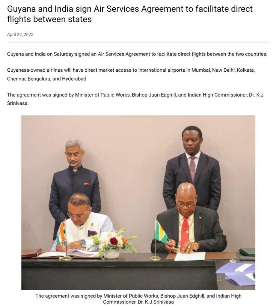 Guyana and India sign Aviation Agreement 