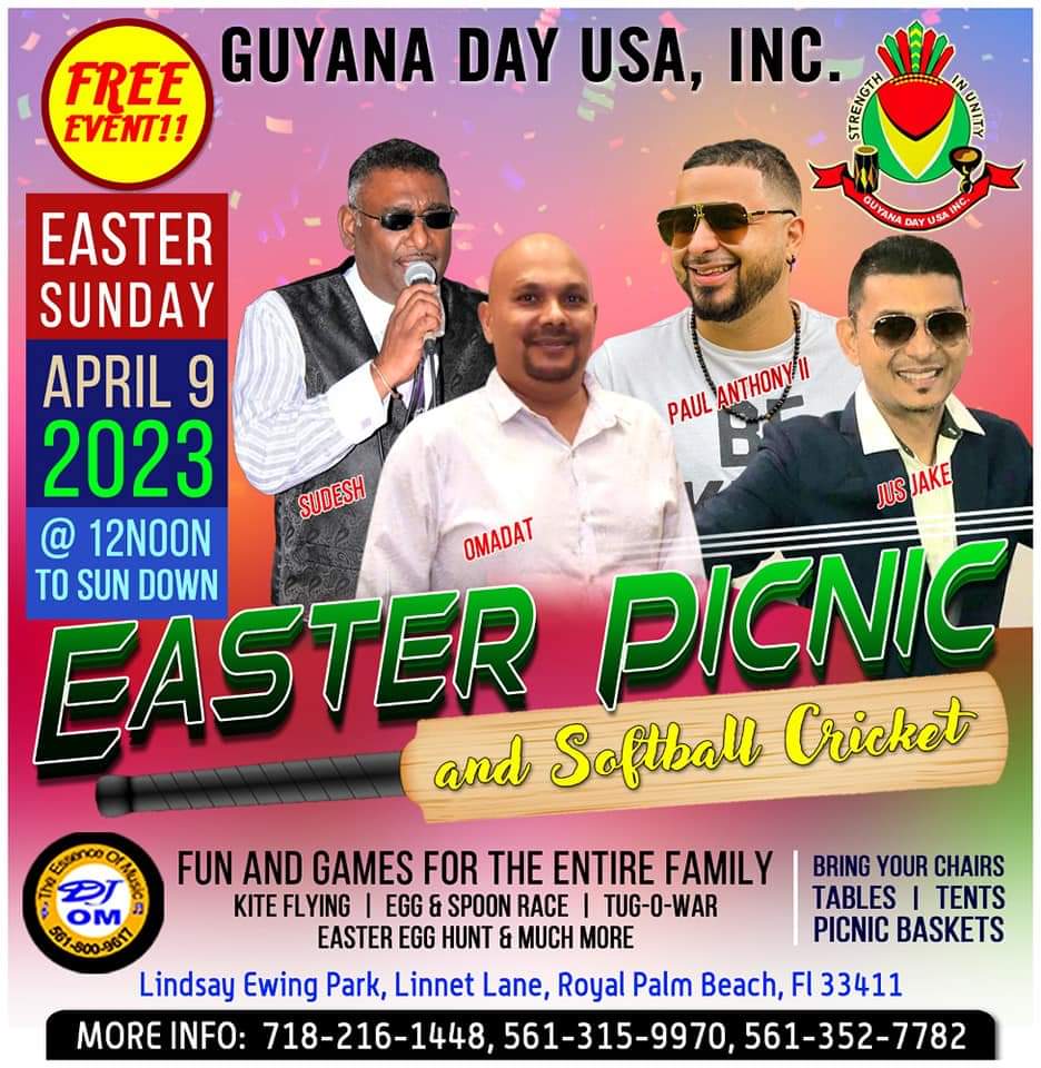 Guyanese Community organizer Mr Harry Bissoon has organized an Easter get together of fun and games including softball cricket in West Palm Beach, Florida. 