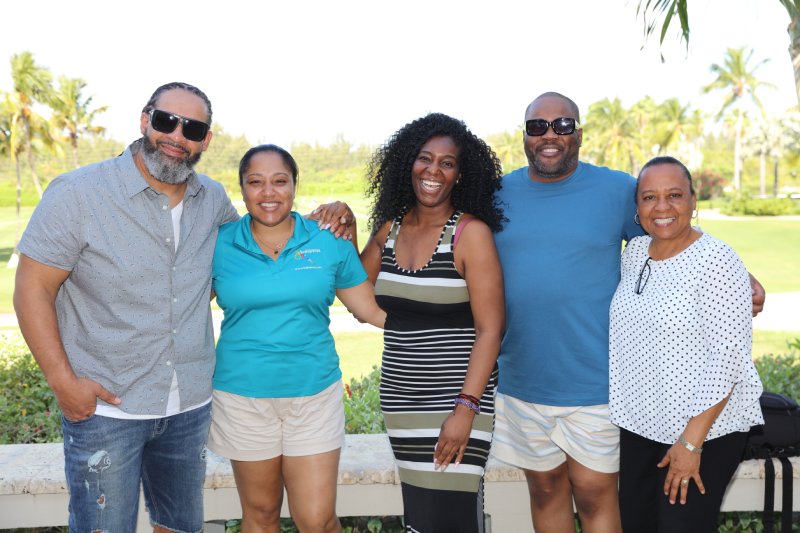 Rissie Demeritte, General Manager, Sales and Marketing, BMOTIA-New York ( second from left) and Caroline Hollingsworth, Country Manager, American Airlines, (far right) are shown with Radio Personalities from WUSL Power 99, Philadelphia at Sandals Emerald Bay Resort, Exuma.