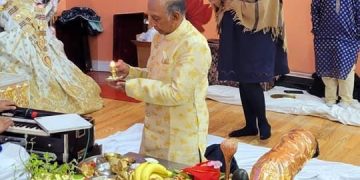 Vishnu Mahadeo in Puja at Lakshmi Narayan Mandir in Richmond Hill, NY