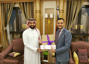 Caribbean Airlines’ Chairman Mr. S. Ronnie Mohammed (right) presents Mr Rashed Alshammair- Vice President of Commercial from Saudi Arabia's Air Connectivity Program (ACP) with a gift after their strategic meeting.