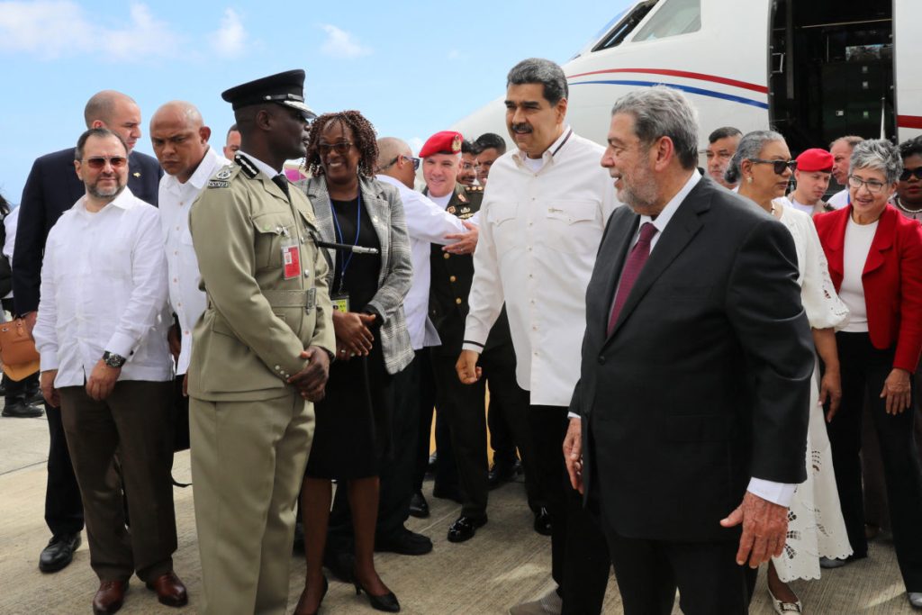 Venezuela's President Nicolas Maduro is received by the St. Vincent and the Grenadines' Prime Minister Ralph Gonsalves before a meeting with Guyanese President Irfaan Ali amid tensions over a border dispute, in Kingstown, St. Vincent and the Grenadines December 14, 2023. Miraflores Palace/Handout via REUTERS ATTENTION EDITOR - THIS IMAGE HAS BEEN SUPPLIED BY A THIRD PARTY