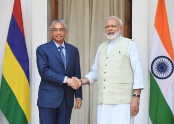 Mauritius' Prime Minister Pravind Kumar Jugnauth (L) shakes hands with Indian Prime Minister Narendra Modi prior to a meeting and an agreement signing in New Delhi on May 27, 2017. - Jugnauth is on three day state visit to India. (Photo by PRAKASH SINGH / AFP) (Photo by PRAKASH SINGH/AFP via Getty Images)