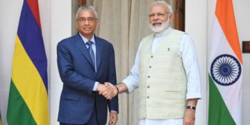 Mauritius' Prime Minister Pravind Kumar Jugnauth (L) shakes hands with Indian Prime Minister Narendra Modi prior to a meeting and an agreement signing in New Delhi on May 27, 2017. - Jugnauth is on three day state visit to India. (Photo by PRAKASH SINGH / AFP) (Photo by PRAKASH SINGH/AFP via Getty Images)