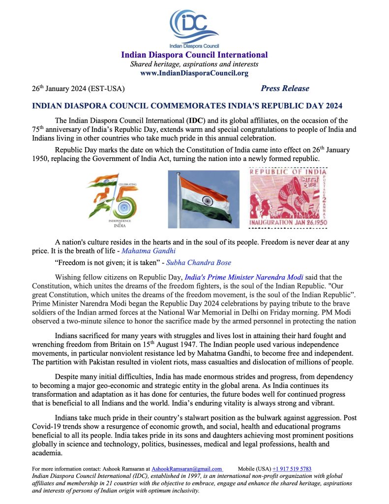 INDIAN DIASPORA COUNCIL COMMEMORATES INDIA'S REPUBLIC DAY 2024