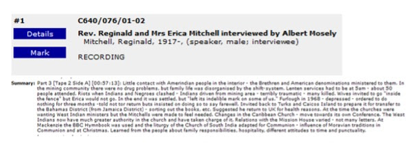 Recording of interview with Rev. Reginald and Mrs Erica Mitchell. British Library shelfmark: C640/076/01-02.