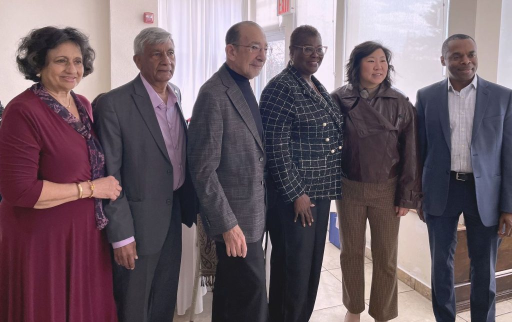 l-r Camille Ramsaran, Ashook Ramsaran, Warren Schreiber (Queens Civic Congress), NYS Sen. Roxanne Persaud, US Cong. Grace Meng, Michael Scotland (1)
