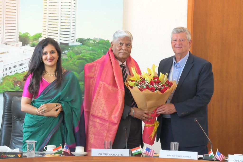 In the Image (L to R): Ms. Priya Pansare, Director, Trade and Investment Promotion, World Trade Center Mumbai; Dr. Vijay Kalantri, Chairman, World Trade Center Mumbai and President, All India Association of Industries; and Sen. Wayne Harper, President Pro Tempore of the Utah Senate, USA, felicitating Dr. Kalantri.
